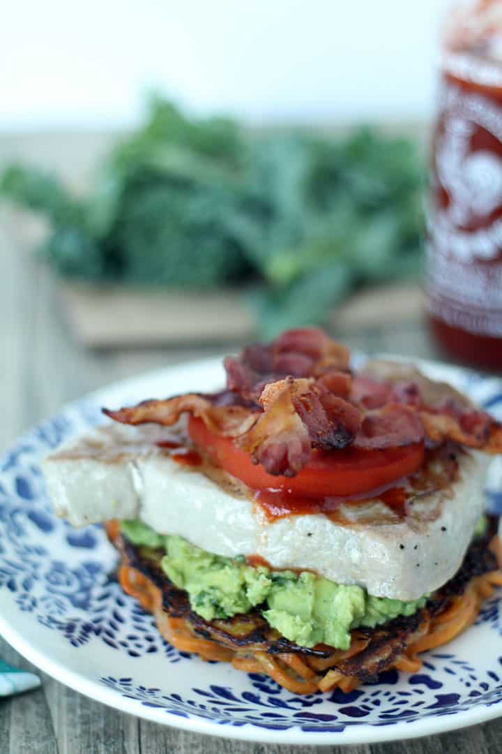 Sriracha Tuna Steak BLT on a Sweet Potato Noodle Bun