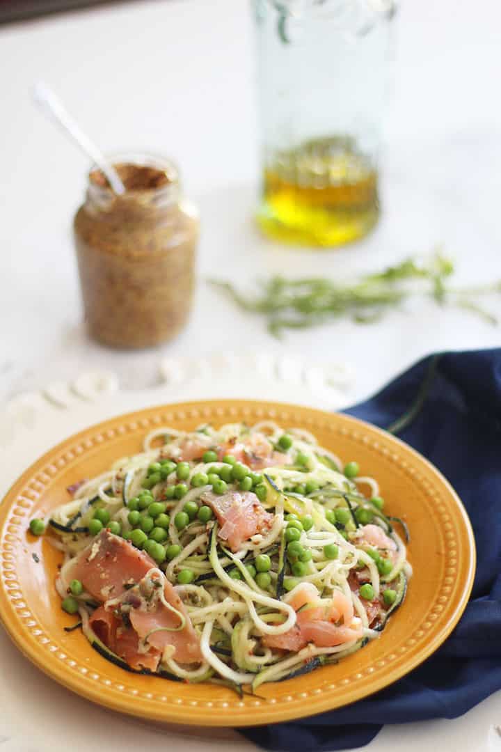 Mustard-Tarragon Zucchini Pasta with Smoked Salmon and Peas
