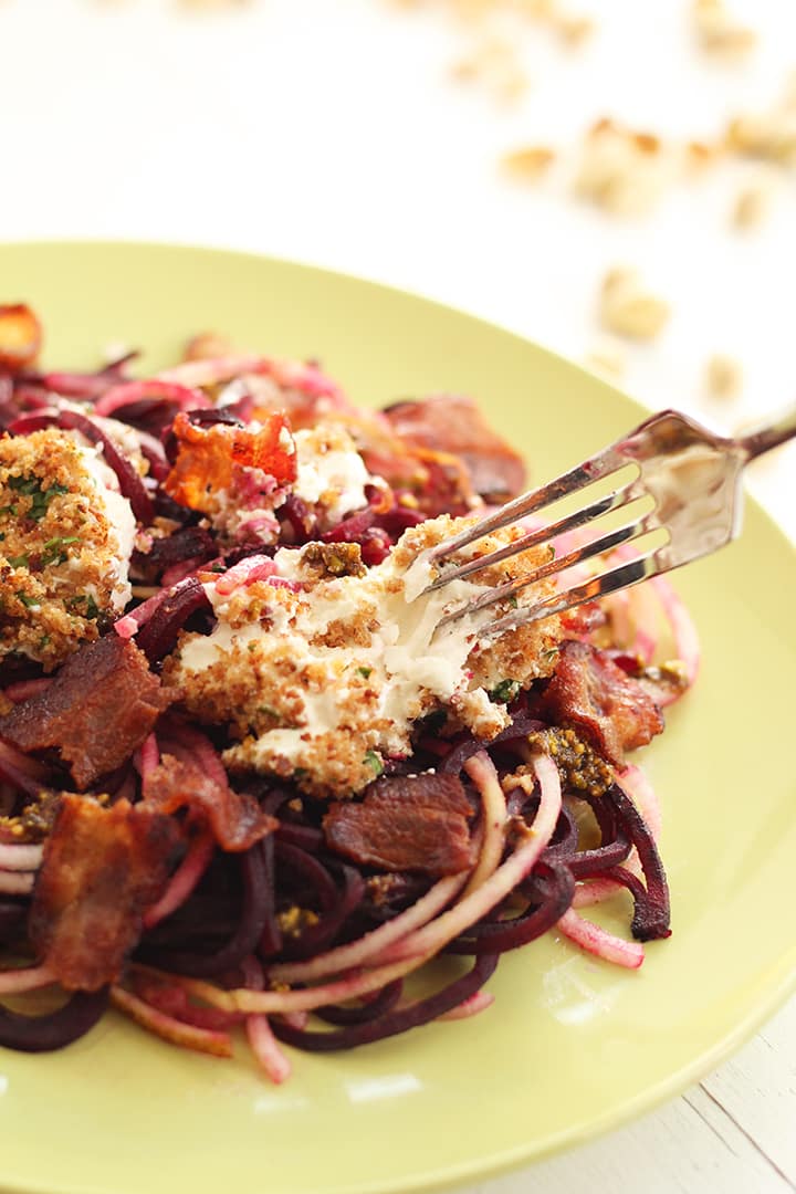 Beet and Anjou Pear Noodles with Warm BaconPistachio Dressing & Baked