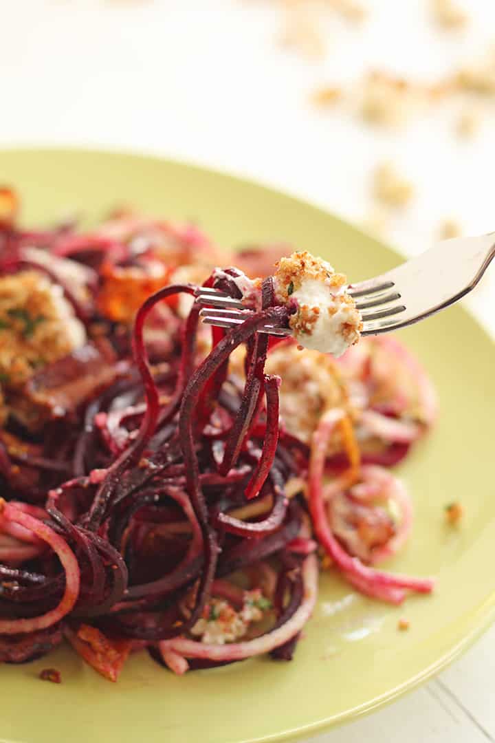Beet and Anjou Pear Noodles with Warm BaconPistachio Dressing & Baked