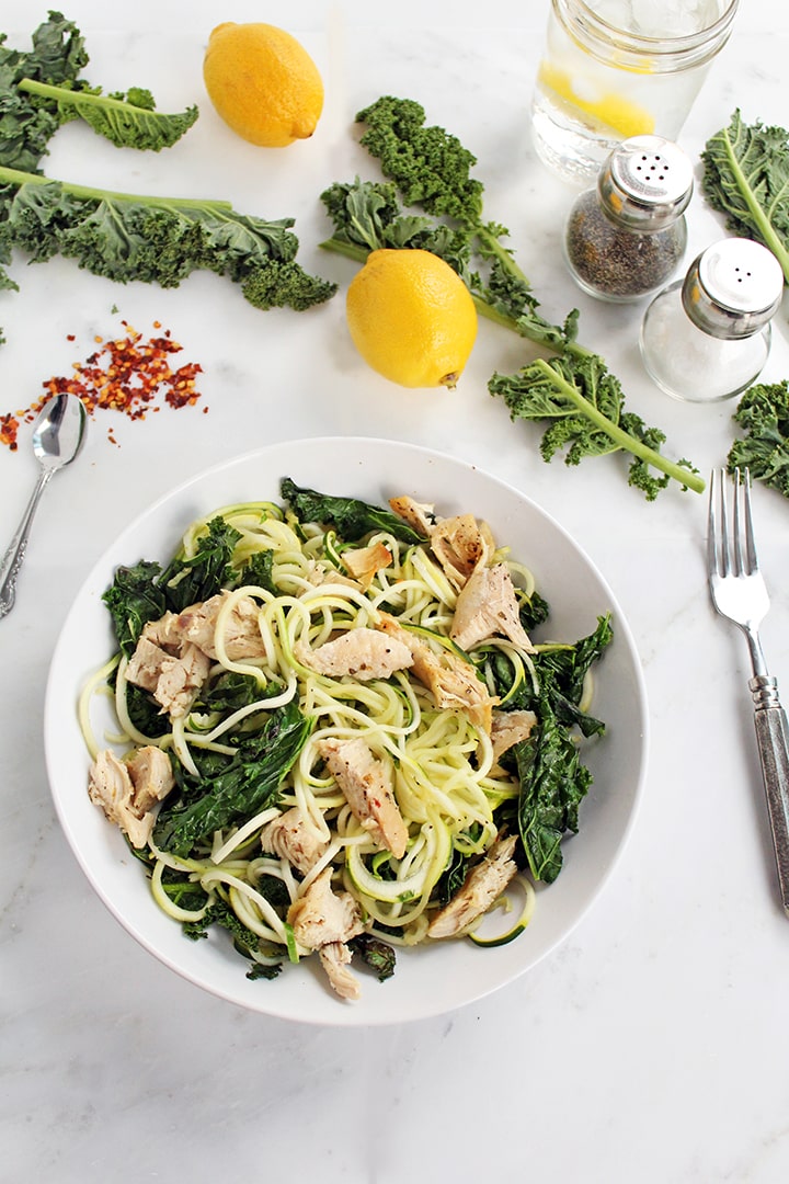 my go-to spiralized diet pasta: baked chicken and kale zucchini pasta