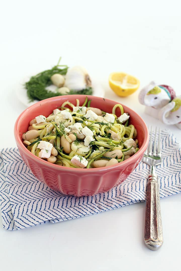 DillZucchini Pasta with Cannellini Beans, Hearts of Palm and Feta