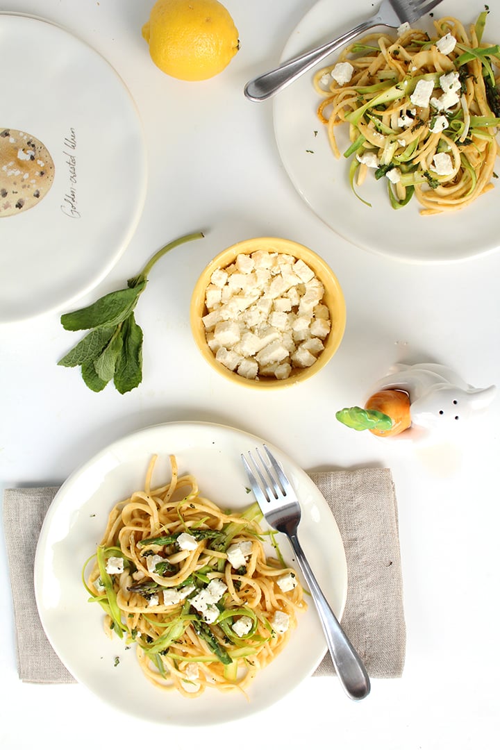 Lemon-Garlic Celeriac Noodle Salad with Feta, Mint and Shaved Asparagus