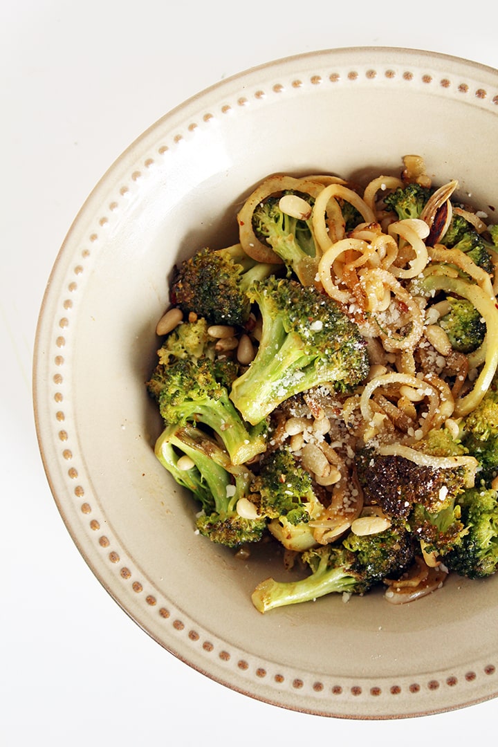 how to spiralize broccoli: garlic broccoli noodles with toasted pine nuts