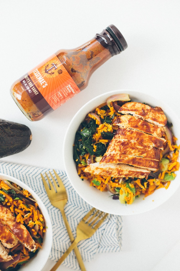 Inspiralized Red Kale And Sweet Potato Rice Bowls With Bbq Chicken
