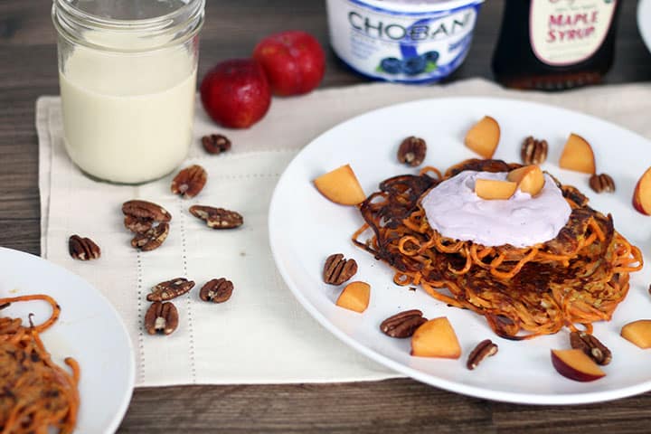 Spiralized Sweet Potato Noodle Pancakes with Blueberry Chobani Greek Yogurt