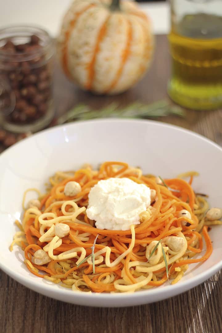 Carrot and Parsnip Noodles with Roasted Hazelnuts and Ricotta