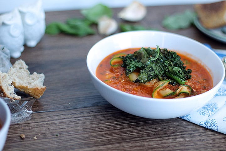 Roasted Tomato Basil Zucchini Noodle Soup with Kale Chips