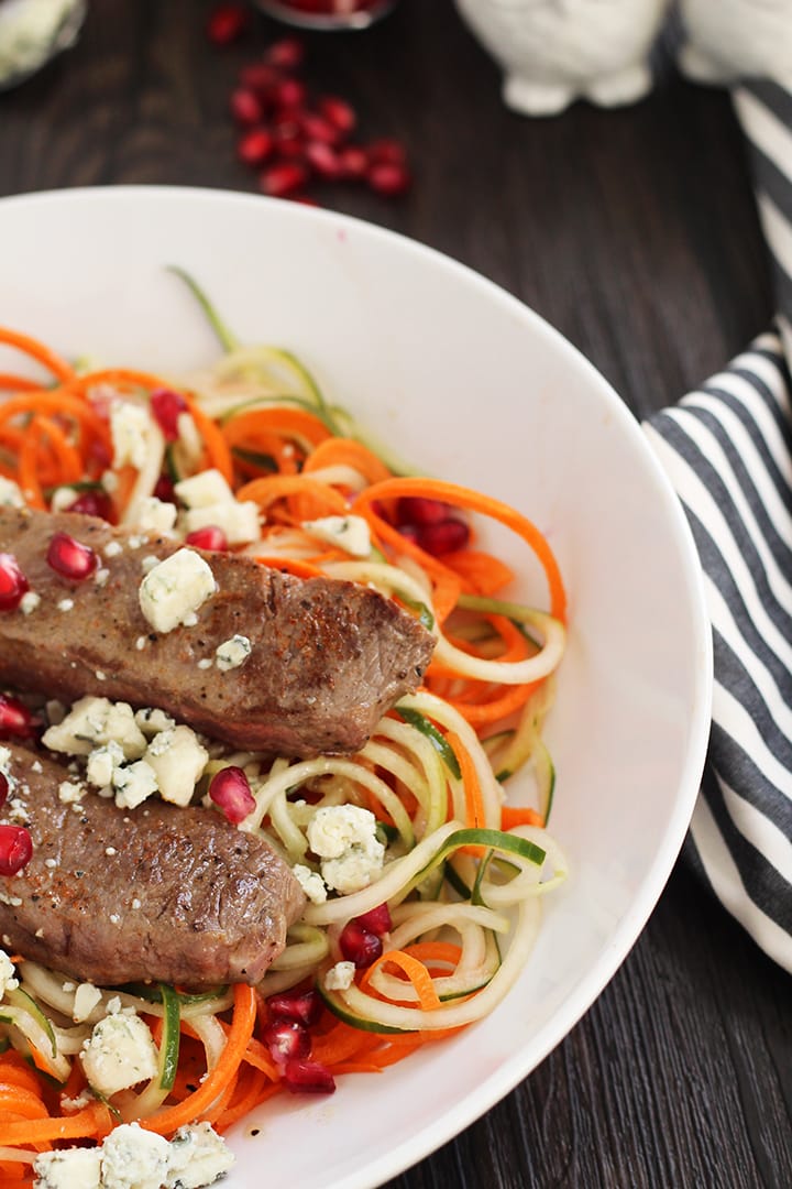 carrot & cucumber noodles with chili beef and blue cheese