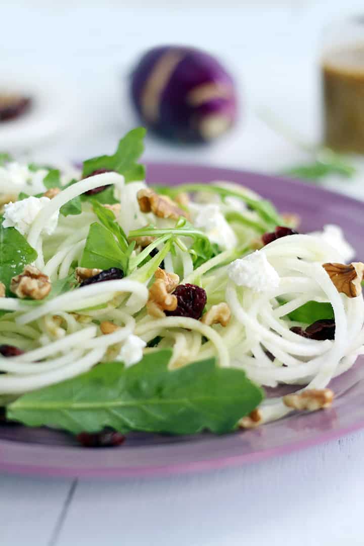 How to Spiralize a Kohlrabi and Kohlrabi Noodle Salad with Walnuts, Goat Cheese and a Honey-Dijon Dressing