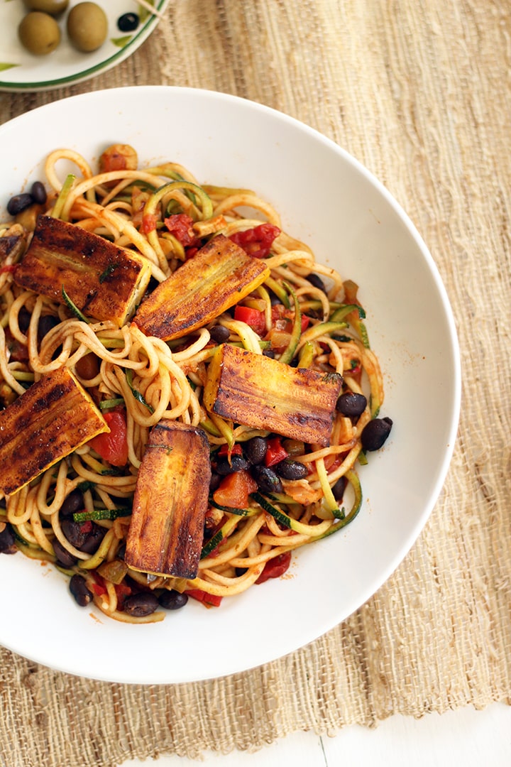 Sofrito Zucchini Pasta with Beans and Lightly Fried Plantains