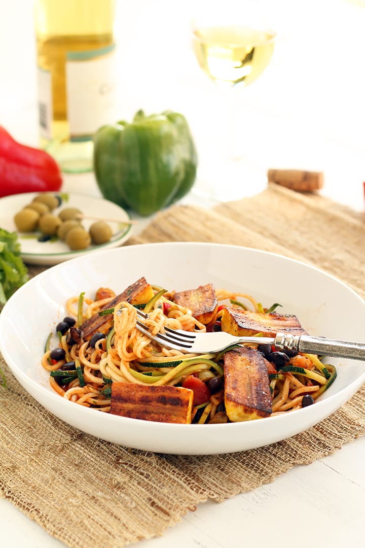 Sofrito Zucchini Pasta with Beans and Lightly Fried Plantains