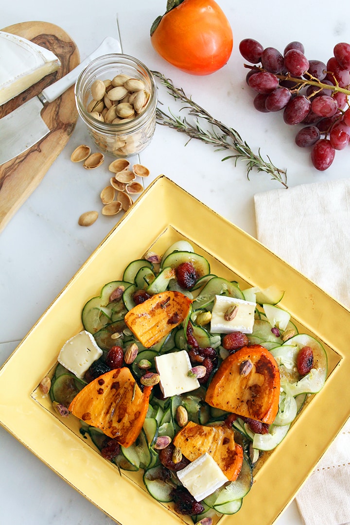 Warm Balsamic & Roasted Grape Cucumber Noodles with Roasted Persimmons, Camembert and Pistachios