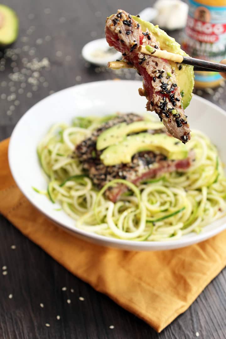 Sesame Crusted Tuna & Avocado with Spicy Sesame Zucchini Noodles 