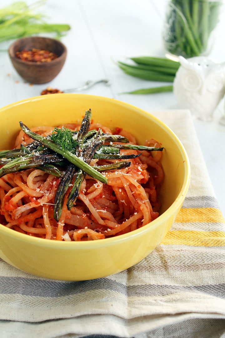 Winter Tomato-Fennel Turnip Noodles with Roasted Petit Green Beans