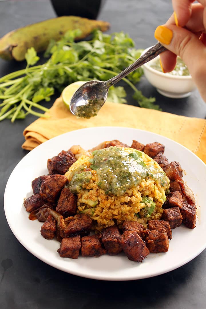 Carnitas and Avocado-Plantain Rice with Tomatillo Salsa Verde