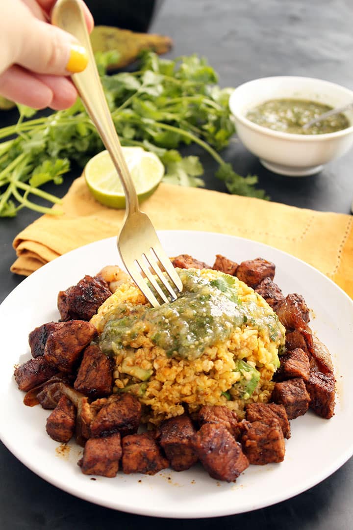 Carnitas and Avocado-Plantain Rice with Tomatillo Salsa Verde