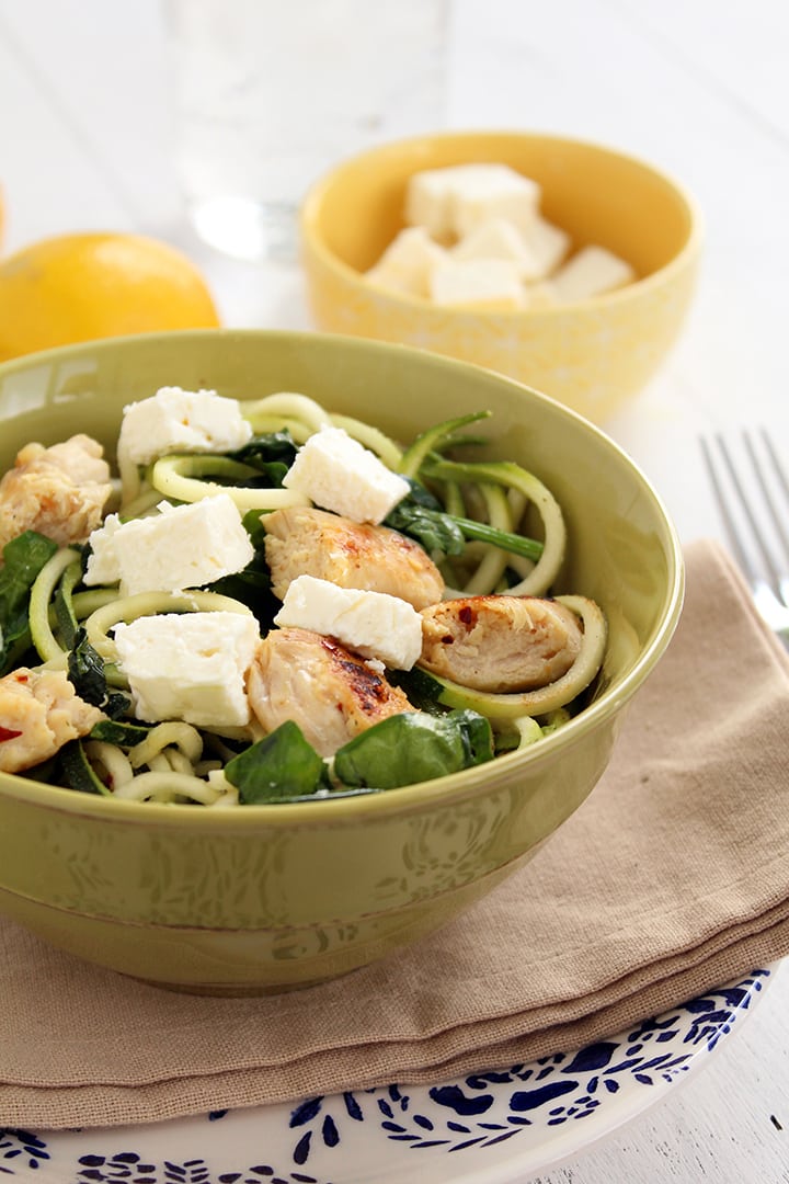 Zucchini Noodles with Chicken, Feta and Spinach