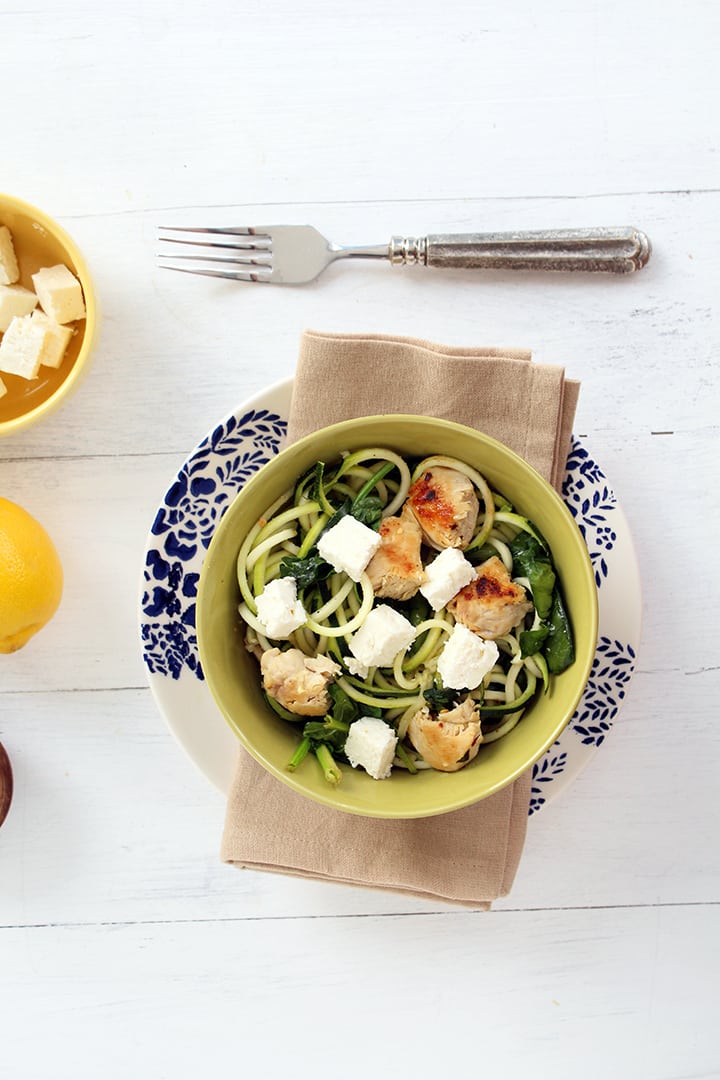 Zucchini Noodles with Chicken, Feta and Spinach