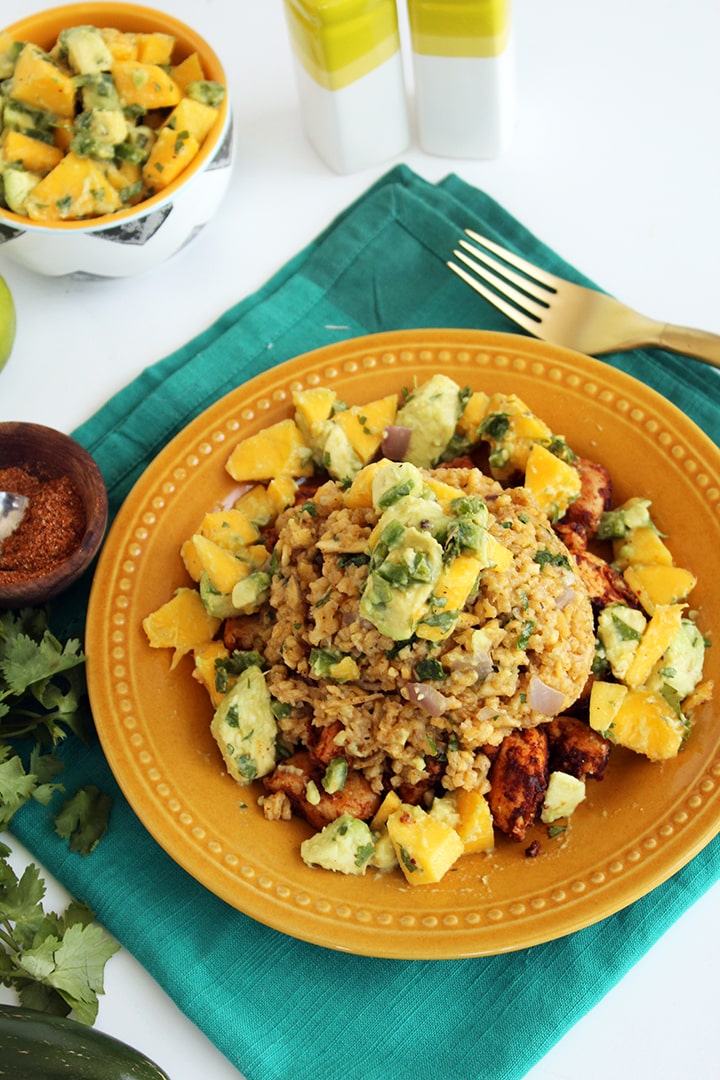 Spicy Chicken and Plantain Rice with Mango-Avocado Salsa 