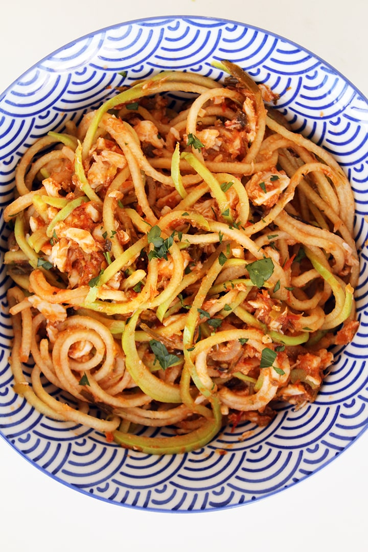 Roasted Garlic Scape and Tomato Chayote Noodles with Crab