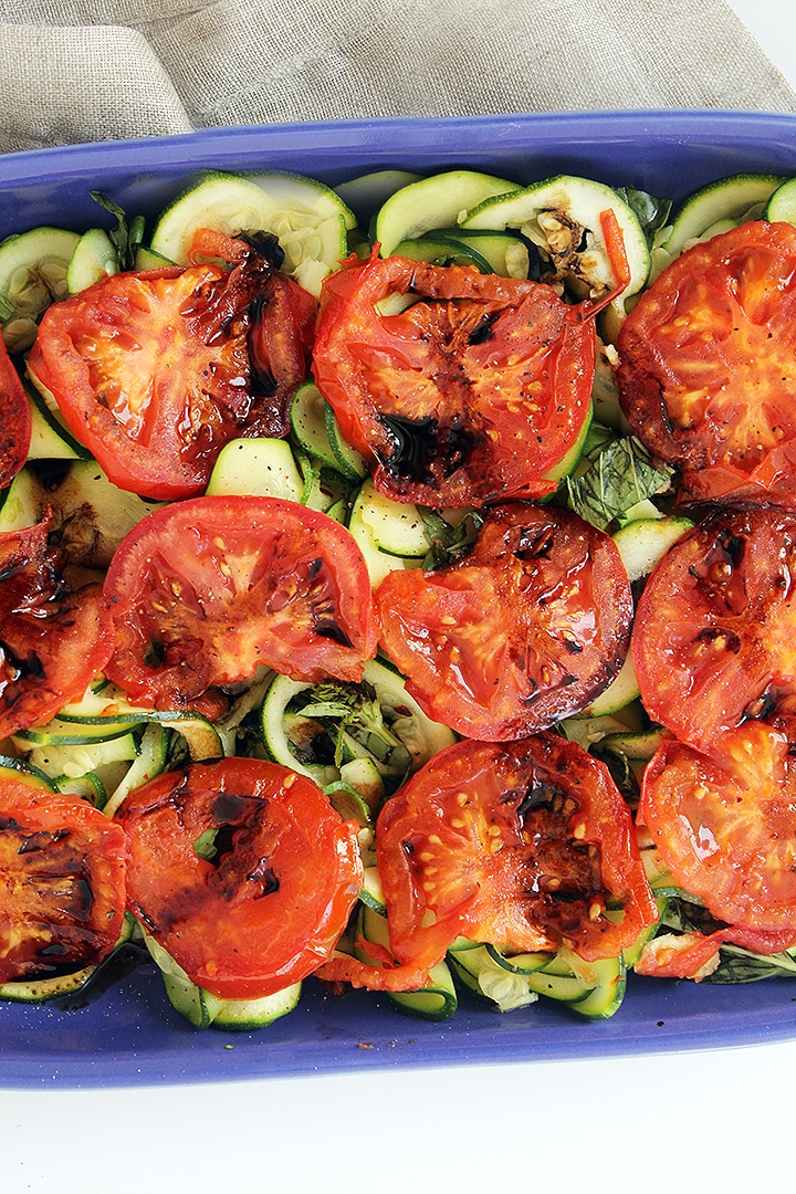 Grilled Tomatoes and Basil Zucchini Noodles with Balsamic Glaze