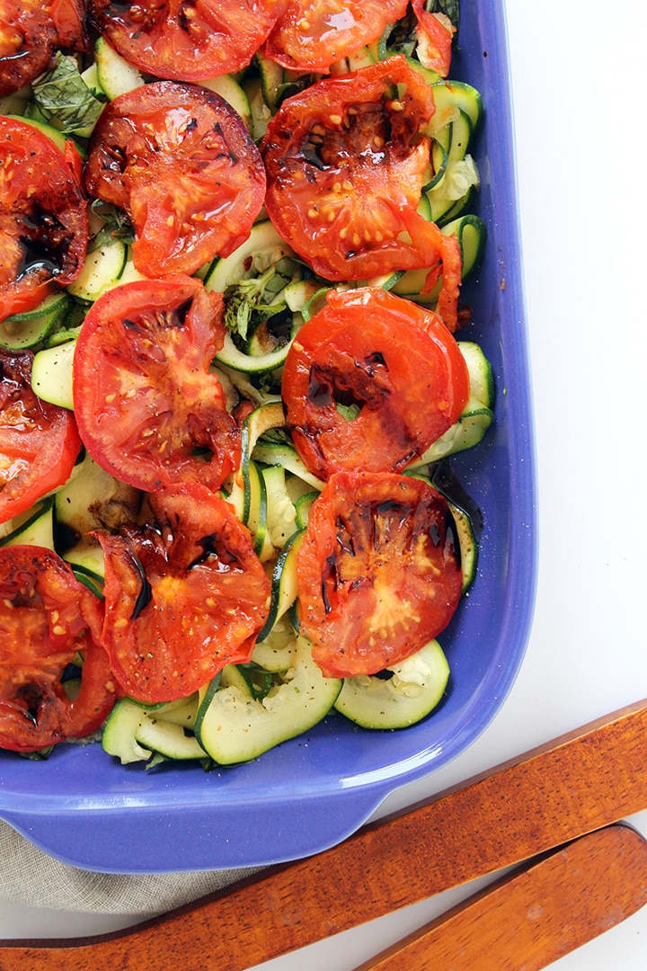 Grilled Tomatoes and Basil Zucchini Noodles with Balsamic Glaze