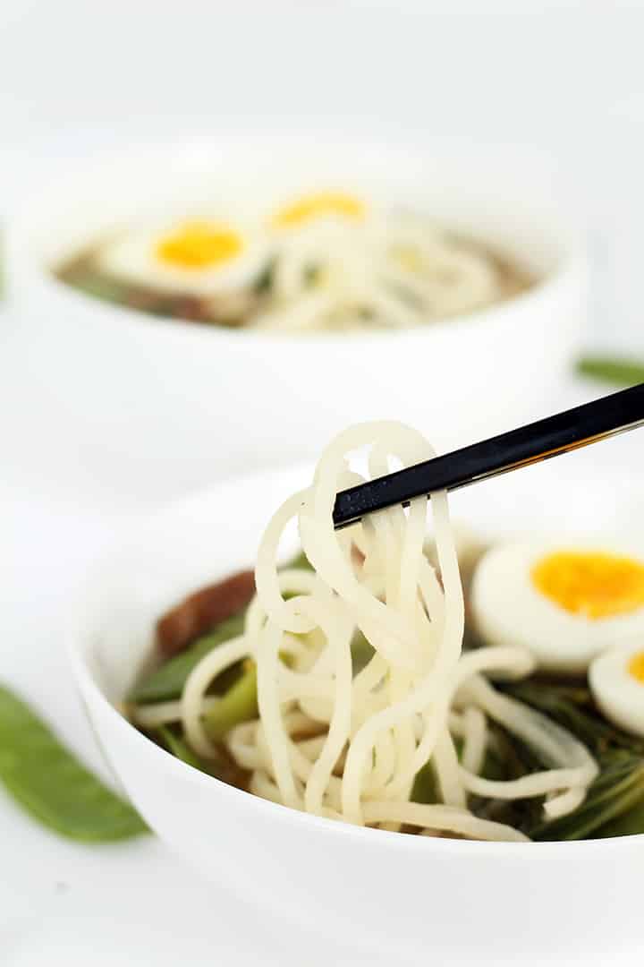Sesame-Ginger Daikon Noodle Soup with Bok Choy, Snow Peas and Shiitake Mushrooms