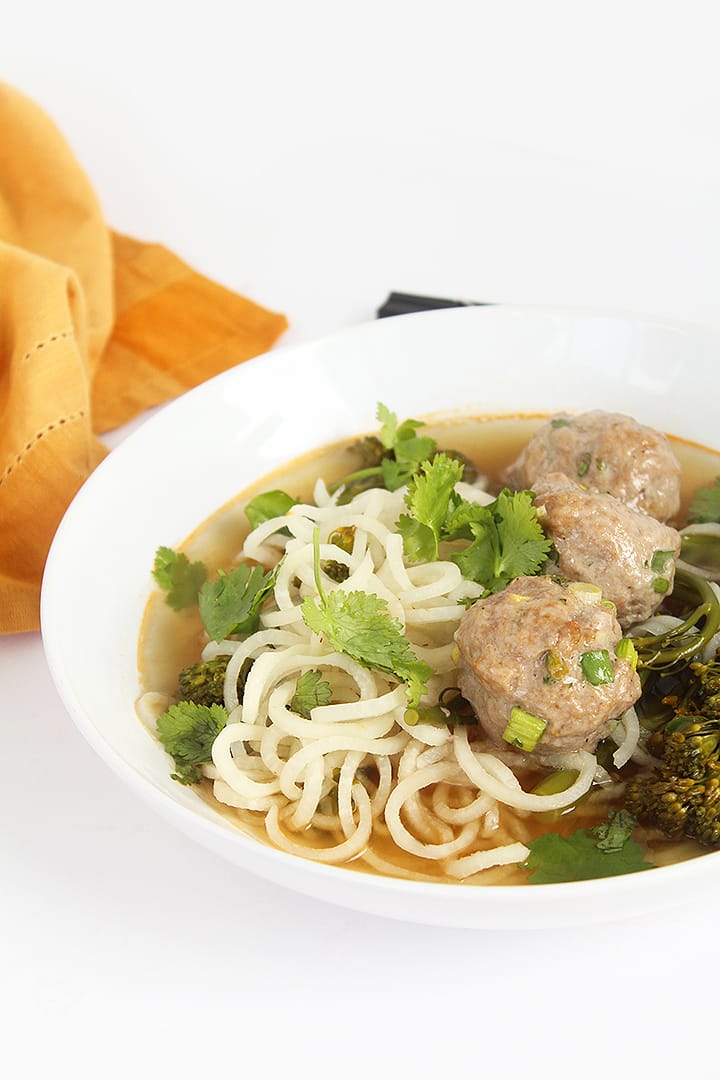 Inspiralized: Daikon Noodles and Broccolini with Asian Pork Meatballs