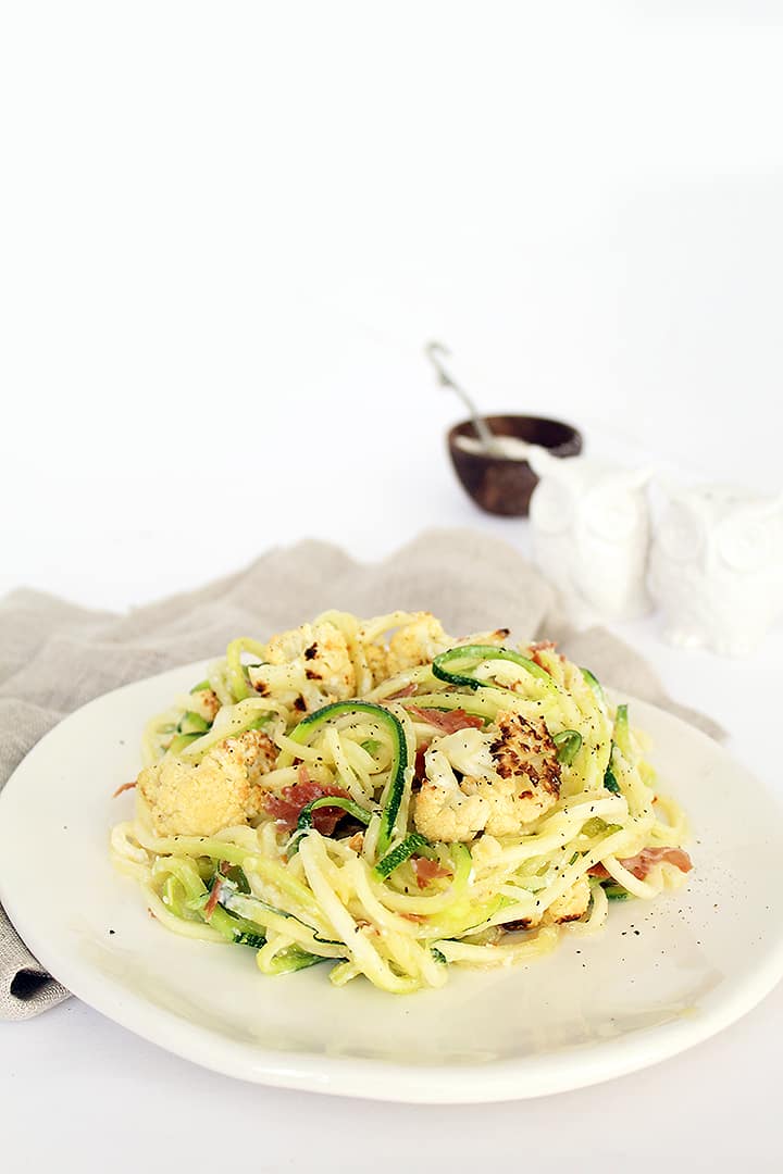 Zucchini Spaghetti, Crispy Prosciutto and Roasted Cauliflower with Lemon-Parmesan Sauce