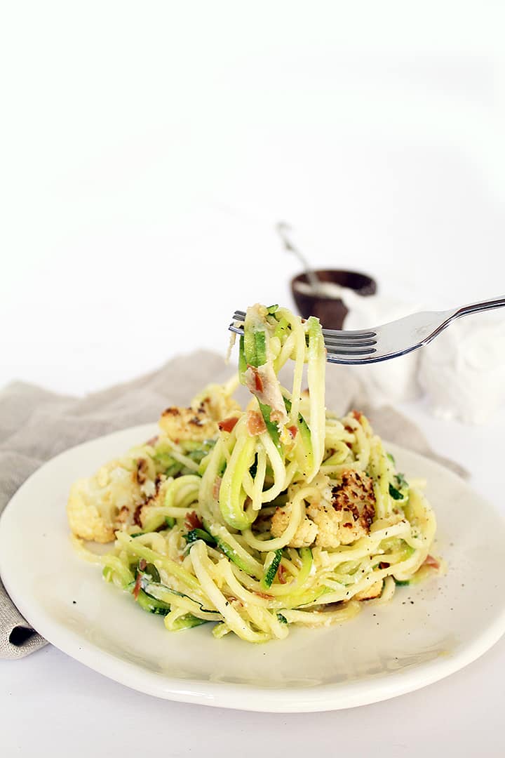 Zucchini Spaghetti, Crispy Prosciutto and Roasted Cauliflower with Lemon-Parmesan Sauce