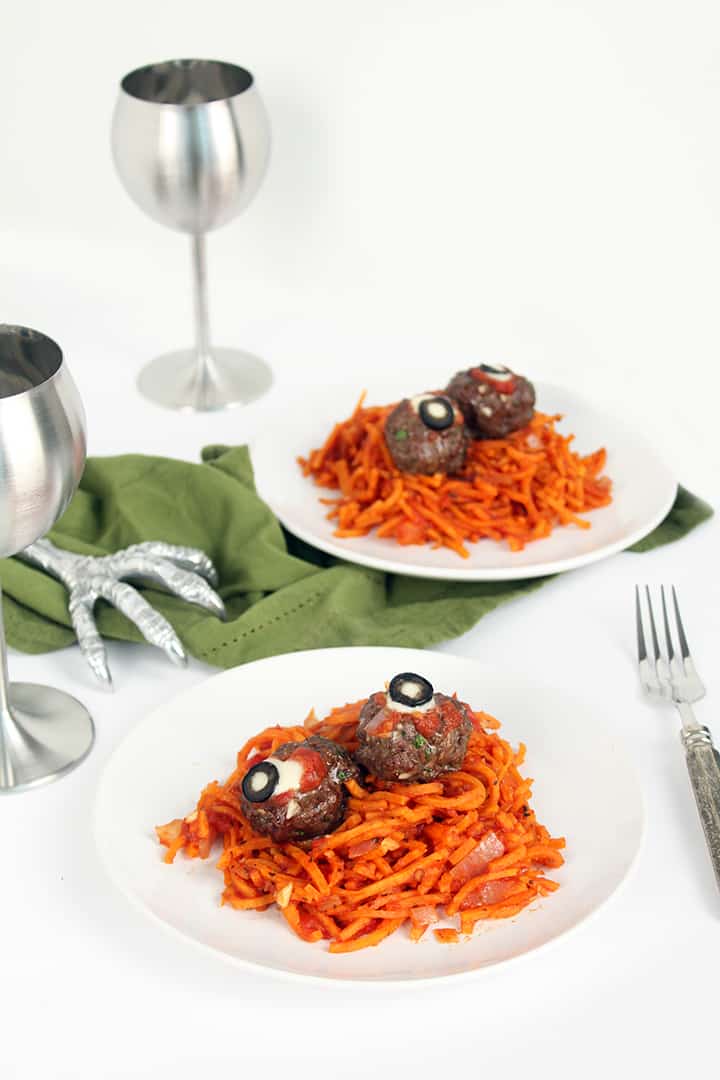 Spooky Sweet Potato “Worms” with Oozing Beef “Eyeballs”