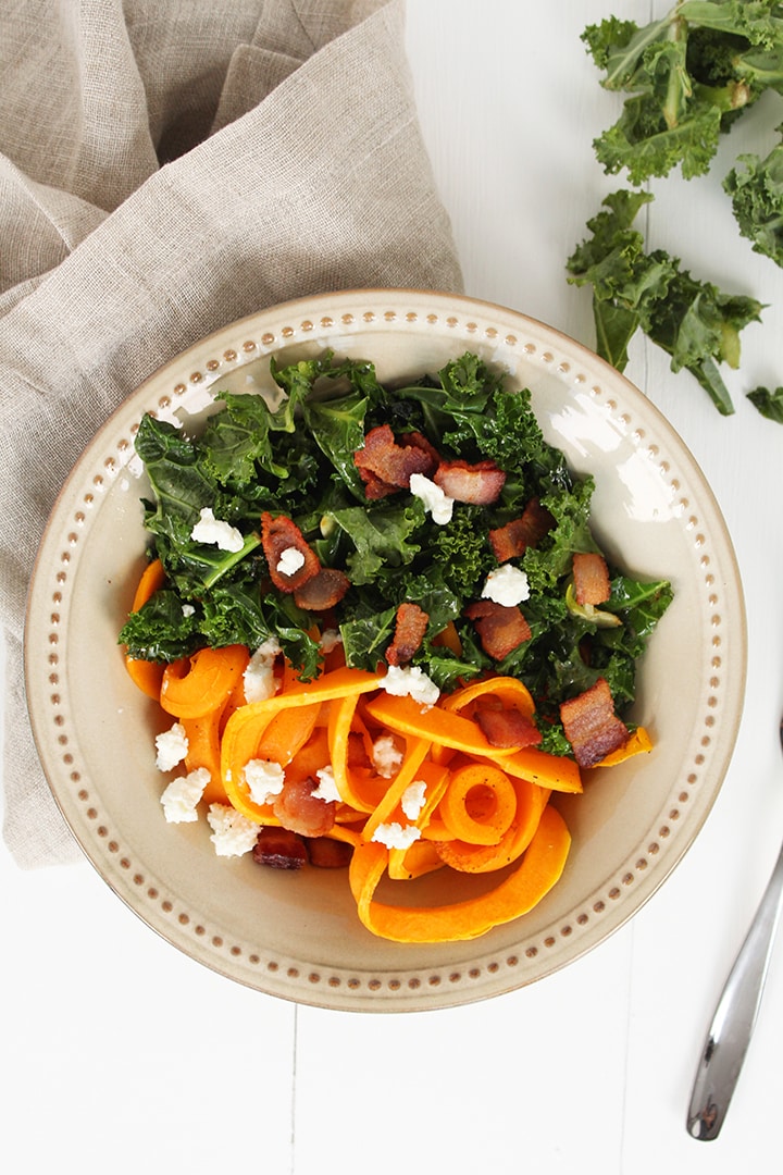 Thick Bacon, Kale and Goat Cheese Butternut Squash “Fettucine”