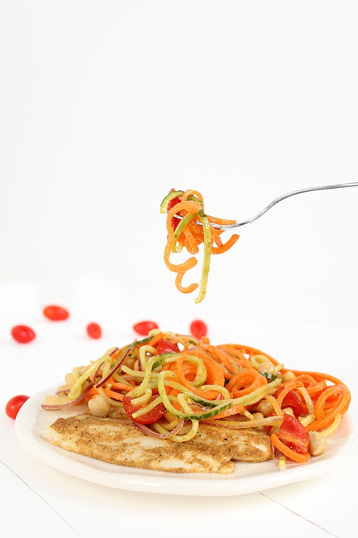 Indian-Spiced Cod and Spiralized Vegetable-Garbanzo Salad 