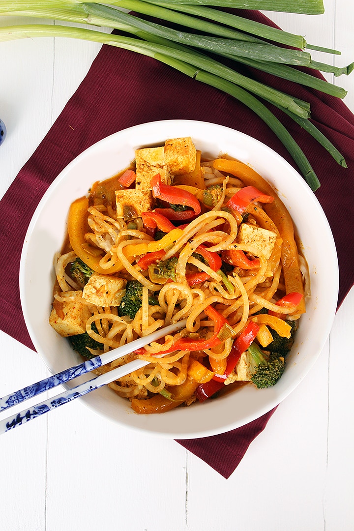 Vegetable and Tofu Coconut Red Curry Daikon Noodles 