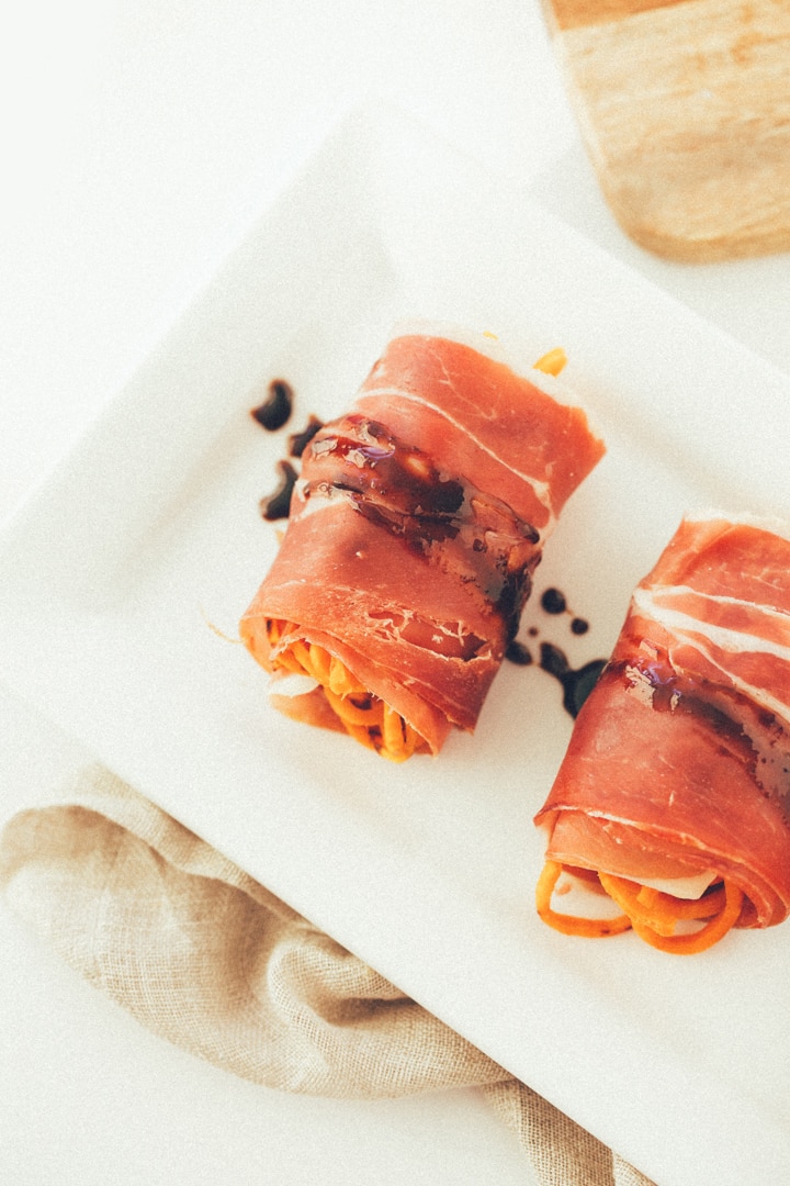 Prosciutto Wrapped Maple-Balsamic Sweet Potato Noodle Rolls