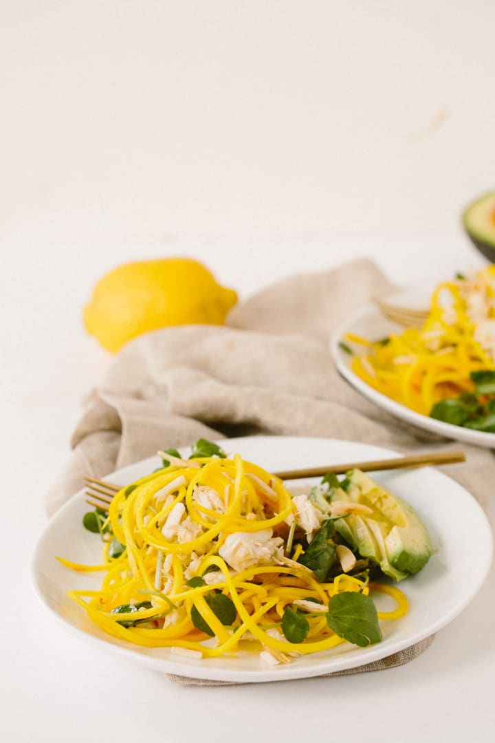 Jalapeno-Citrus Golden Beet Noodle Salad with Crab, Avocado and Toasted Almonds