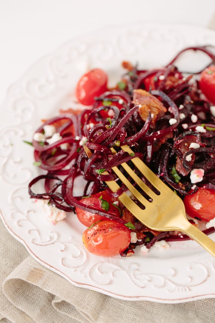 Beet Noodles with Tomatoes, Feta and Bacon